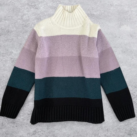 Ann Taylor Sweaters - Ann Taylor Womens Colorblock Mock Neck Sweater Purple Teal Black Stripe Size M